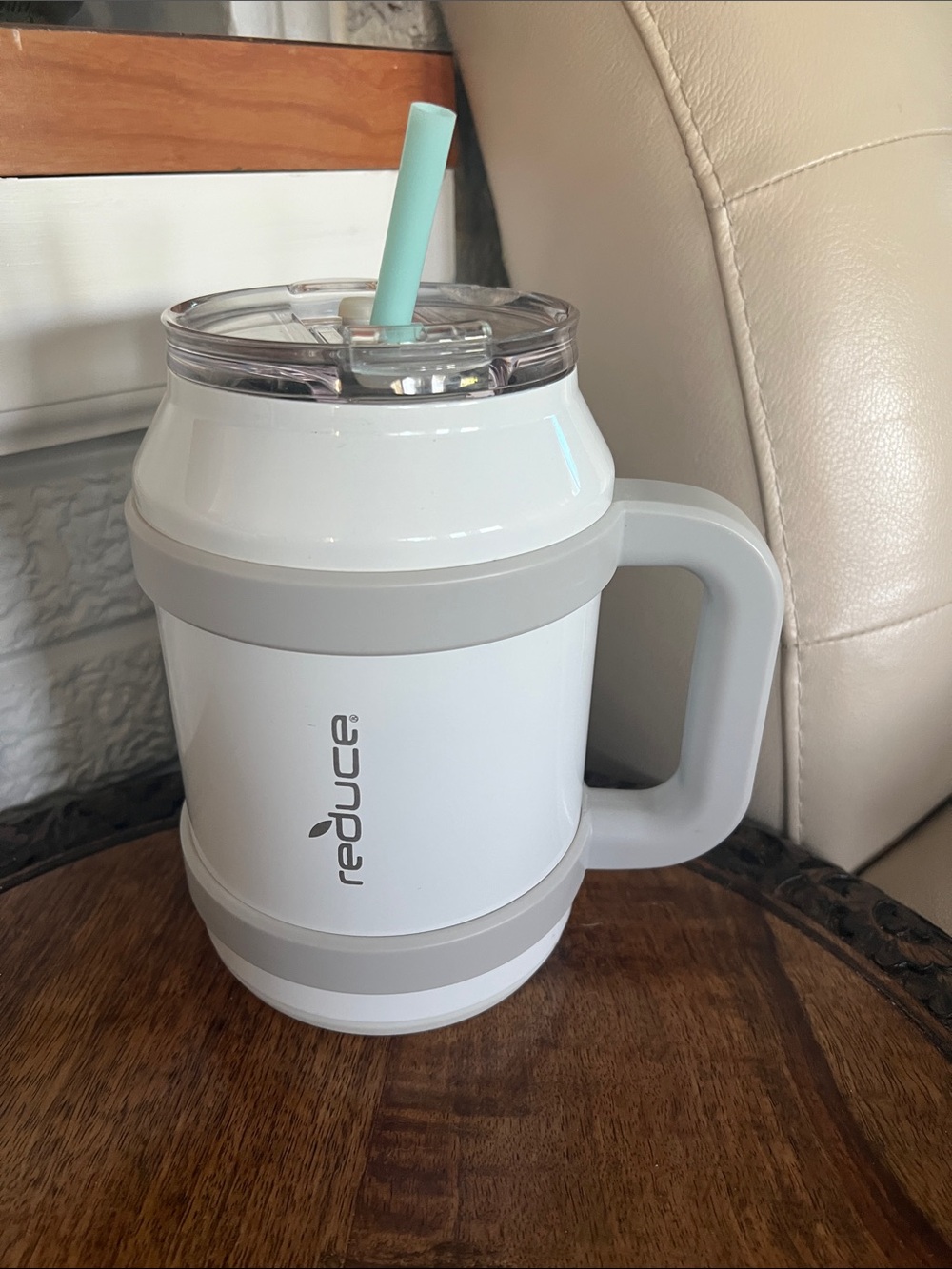 White Insulated Travel Mug with Handle and Straw